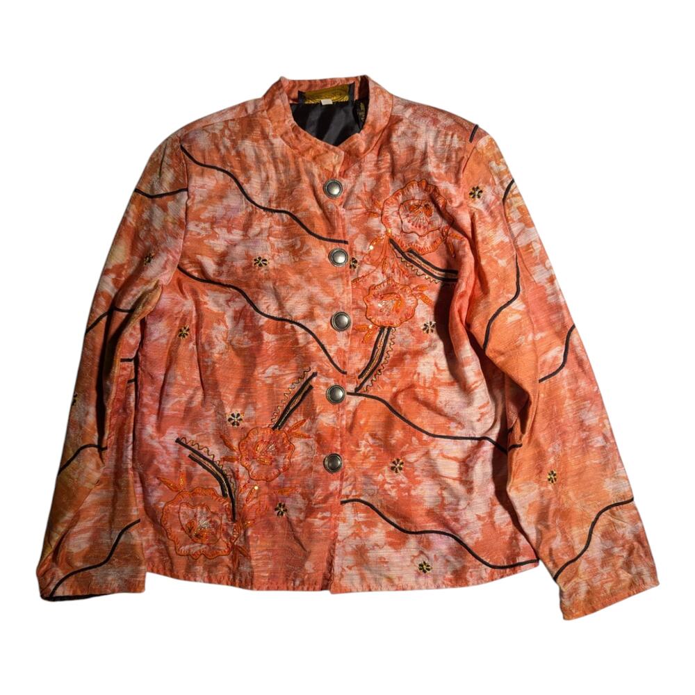 Vtg 1990s Alex Ku Coral Orange Watercolor Floral Mandarin Collar Jacket Sz M